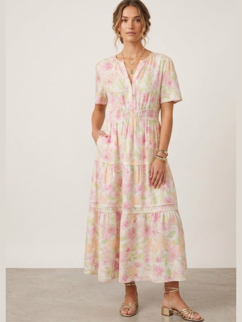 BNWT CASA CABANA Floral Tiered Maxi Dress Linen Blend Sz L Coastal Boho Summer